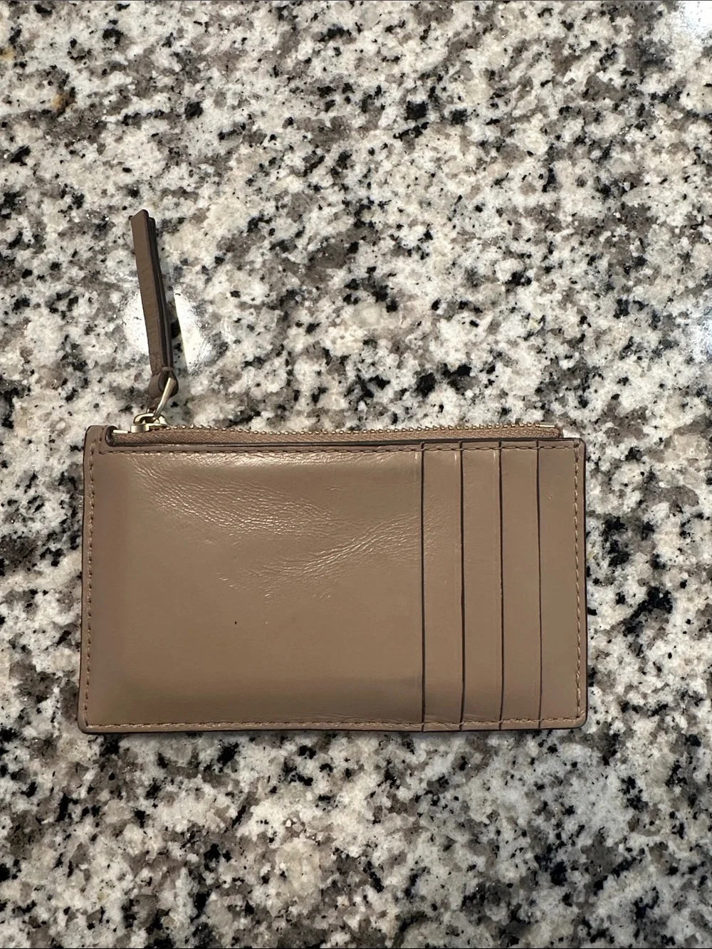 Tory Burch Quilted Taupe Leather Zip Card Holder with Gold Logo